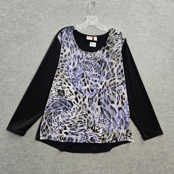 Chicos Women Top 3 Blue Shirt Floral Paisley Cheetah Print Long Sleeve Pullover - Picture 1 of 10